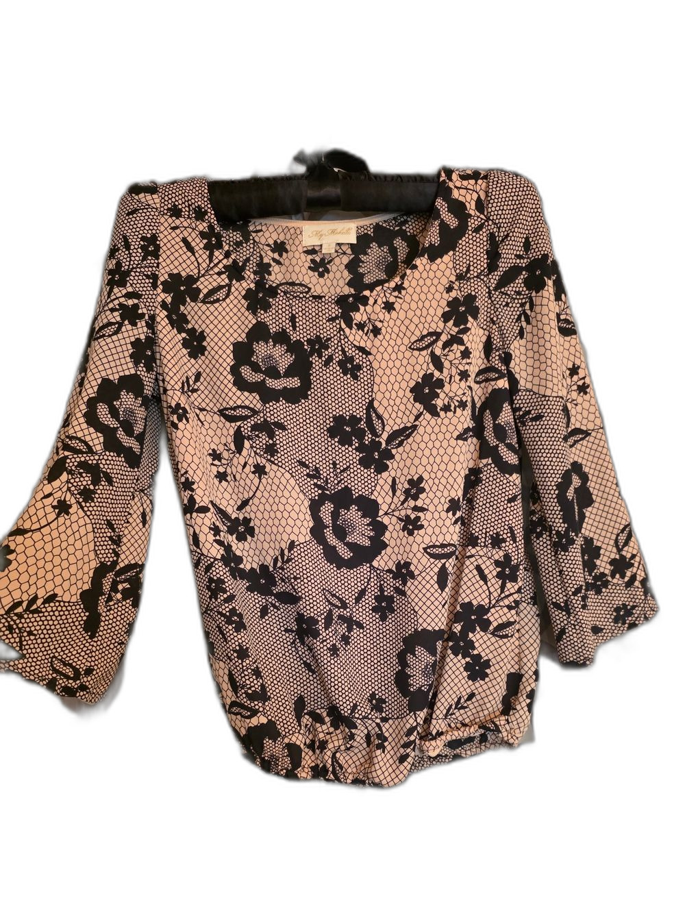 My Michelle Blush-pink and Bold Black Floral Scoop-Neck Blouse S